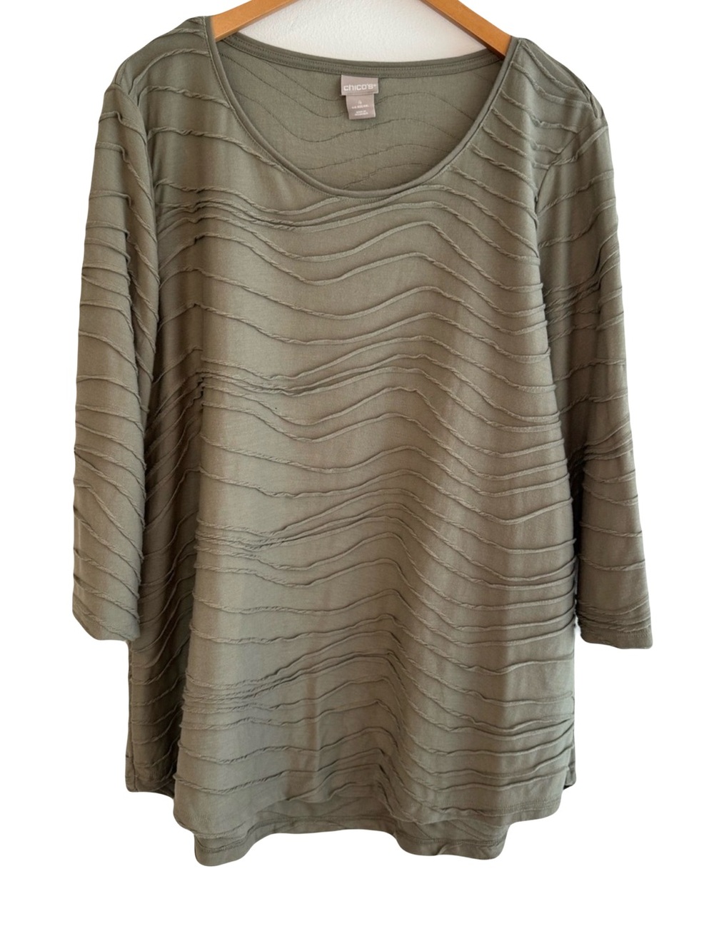 Chico's Olive Wavy-Stripe Scoop Neck 3/4 Length Sleeve Tunic XXL